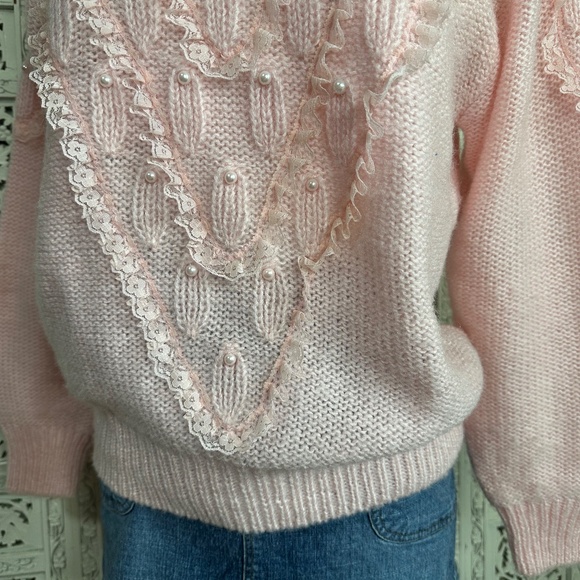 Vintage Debra Martin Baby Pink Lace Pearl Coquette Sweater Sz Small - Picture 3 of 7